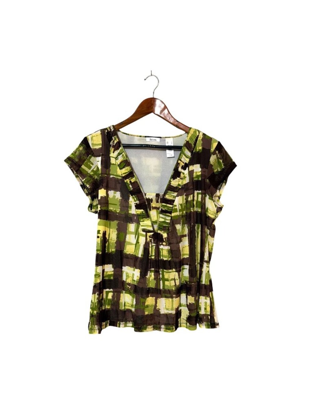Liz & Co Womens XL Green & Brown Abstract Print Short Sleeve V-Neck Blouse‎